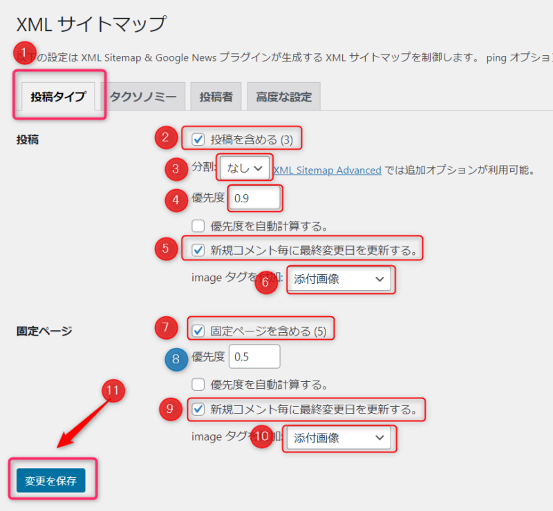 XMLサイトマップページ－タクソノミー設定